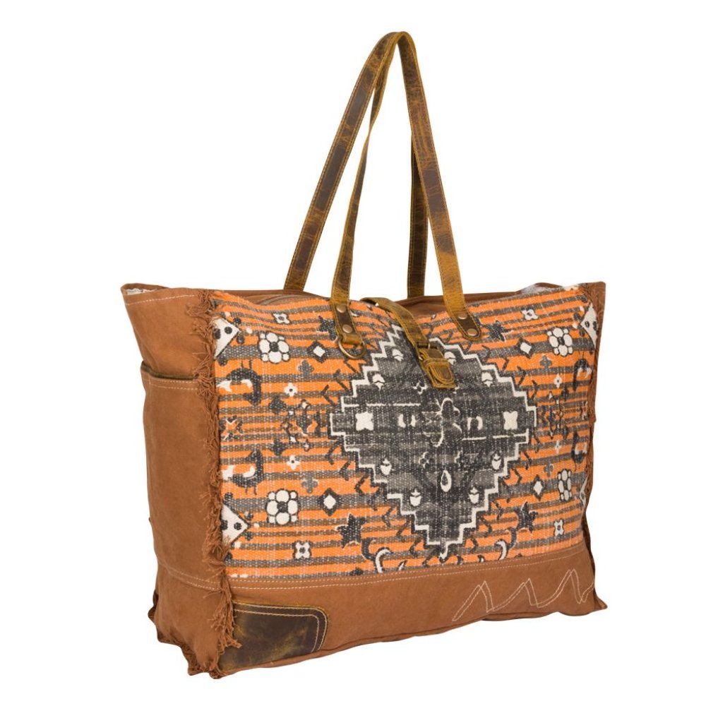 Myra Bag Handmade Rust Affair  Weekender Bag Upcycled Canvas & Cowhide L… - Picture 2 of 5